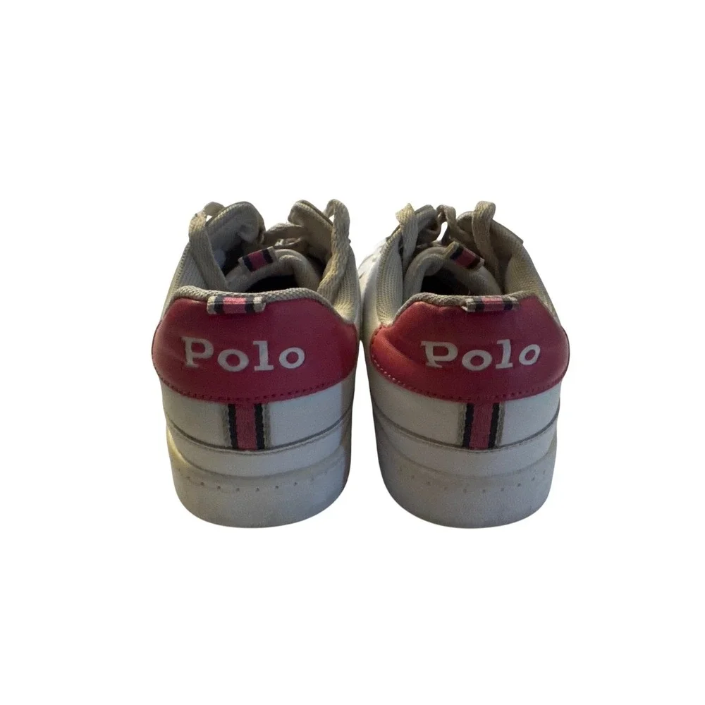 Polo Ralph Lauren White Leather Sneakers Teddy‎ Bear Girls Size 5.5 Pink Accent